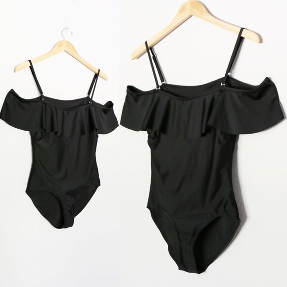 Black Off The Shoulder or Strapless Ruffle One Piece Swimsuit S Padded Modest - Picture 1 of 11